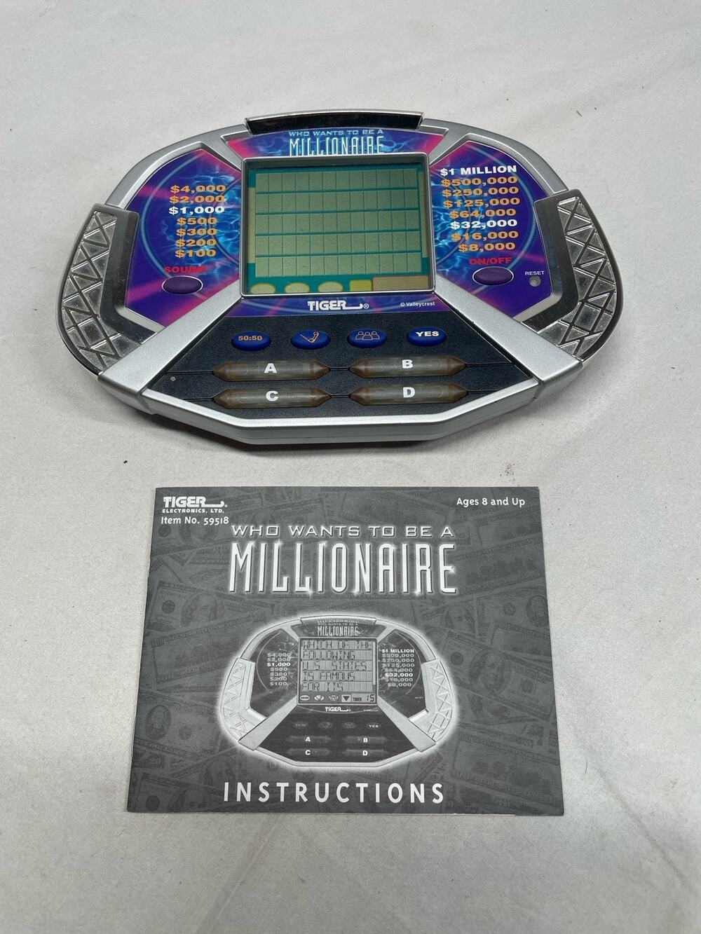 TIGER WHO WANTS TO BE A MILLIONAIRE HAND HELD GAME W/ CARTRIDGE & Manual Works